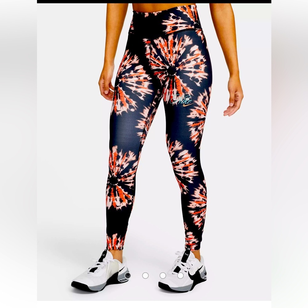 NEW! Nike Black High-Waist Tie-Dye Leggings with Orange & White Burst - Size M